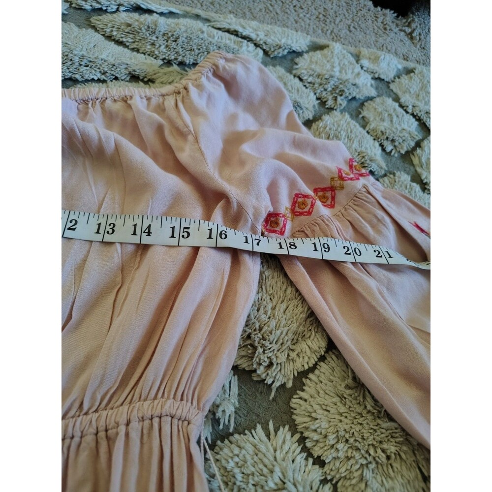 Feathers Dress Size L Pink Embroidered Floral Sleeves Tie Ruffle 100% Rayon - Picture 13 of 16
